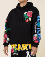 Flower Puff Print Hoodie in Black