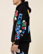 Flower Puff Print Hoodie in Black