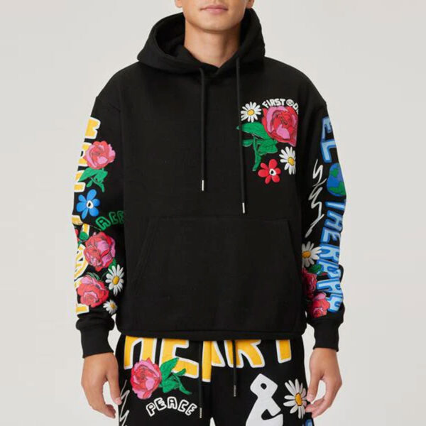 Flower Puff Print Hoodie in Black